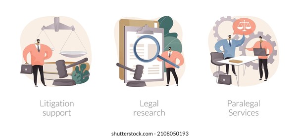 Legal Outsourcing Abstract Concept Vector Illustration Set. Litigation Support, Legal Research, Paralegal Services, Attorney Assistant, Forensic Accounting, Law Firm, Affidavit Abstract Metaphor.