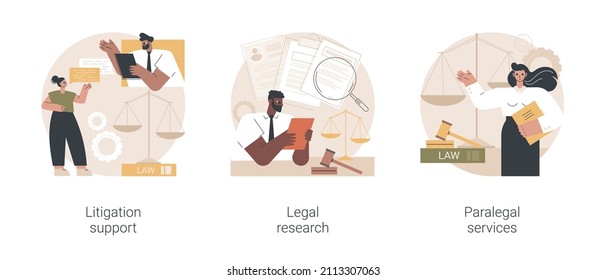 Legal Outsourcing Abstract Concept Vector Illustration Set. Litigation Support, Legal Research, Paralegal Services, Attorney Assistant, Forensic Accounting, Law Firm, Affidavit Abstract Metaphor.