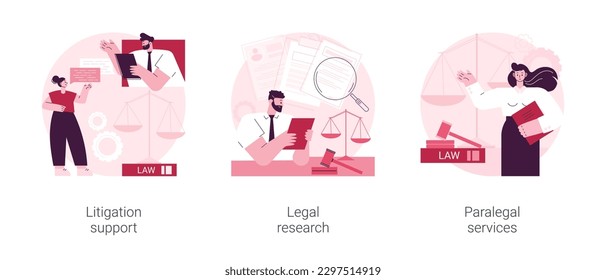 Juego de ilustraciones vectoriales de concepto abstracto de subcontratación legal. Apoyo a los litigios, investigación jurídica, servicios parajurídicos, asistente de abogados, contabilidad forense, bufete de abogados, metáfora abstracta de declaración jurada.