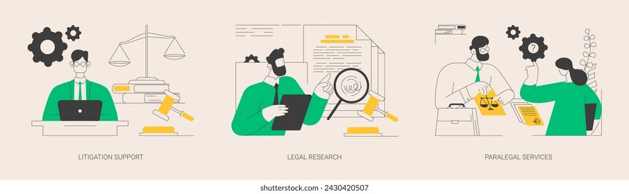 Legal outsourcing abstract concept vector illustration set. Litigation support, legal research, paralegal services, attorney assistant, forensic accounting, law firm, affidavit abstract metaphor.