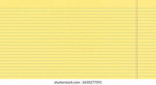 Legal pad lined horizontal textured paper. Yellow worksheet with stripes. Blank empty page of binder. Wide line grid backdrop. Vector grid school notepad cover illustration. Scrapbook stationary.