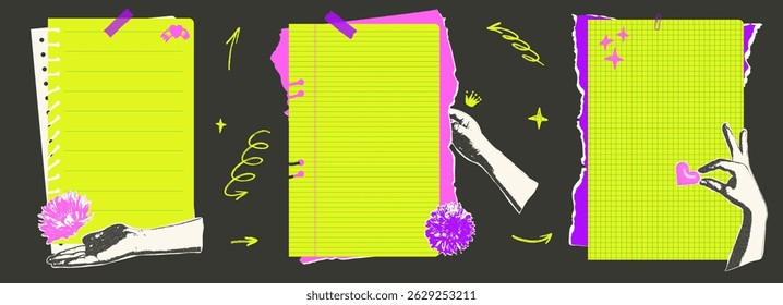 Legal pad lined papers with photocopy hands and flowers. Notebook paper background blanks set. Office supply and school sheets. Student or business template for memo binder. Vector illustration..
