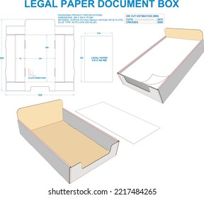 Legal Paper Document Box. Material: E Flute. Dimensions: 366 X 236 X 70 MM (Eps file scale 1:1). 2D: Real illustrations. 3D Box: Illustration only. Equipped die cut estimates prepared for production.