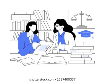 Legal practice isolated cartoon vector illustrations. Doctor of Jurisprudence studying under the supervision, higher education, doctor, doctoral degree, book diversity around vector cartoon.