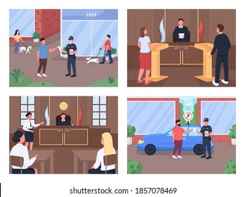 Legal procedure flat color vector illustration set. Trial with attorney and judge. Police officer give penalty. Law enforcement and witness 2D cartoon characters with court interior on background pack