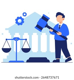A legal professional holding a gavel beside justice scales with a court setting in the background symbolizing fairness