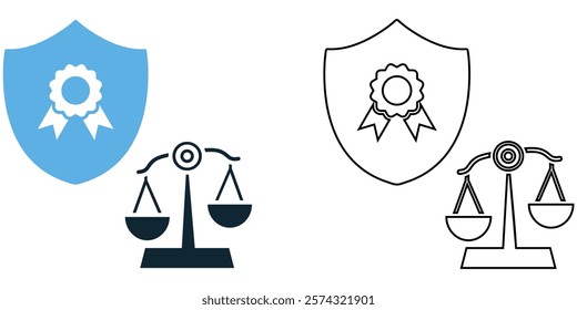 legal protection for copyrights icon vector, scales of justice, or document to represent intellectual property rights and creative ownership security.