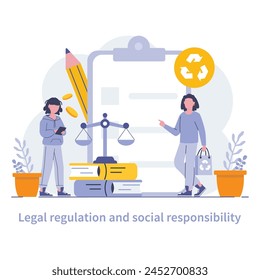 Legal Regulation Concept. Professionals ensuring compliance with laws and emphasizing corporate social responsibility. Vector illustration.