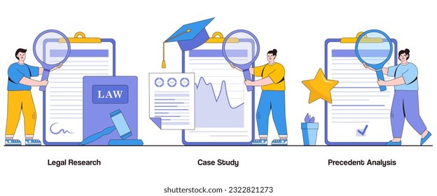 Legal Research, Case Study, Precedent Analysis Concept with Character. Law Practice Abstract Vector Illustration Set.