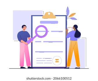 Legal research concept. Man and woman study laws of state. Employees of law firm engaged in paperwork. Character with magnifying glass reads information on document. Cartoon flat vector illustration