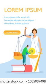Legal Research Flat Vector Landing Page Template. Money and Knowledge Balance. Student Choosing Law Faculty Mobile App Screen. Young Guy Standing on Legal Book, Woman Holding Sword, Scales Characters