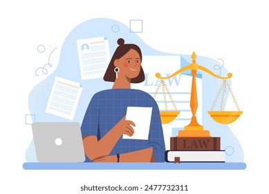 Legal research woman. Lawyer with gavels and documents. Legal support of deals and agreements, jurisprudence. Justice and judgement. Cartoon flat vector illustration isolated on white background