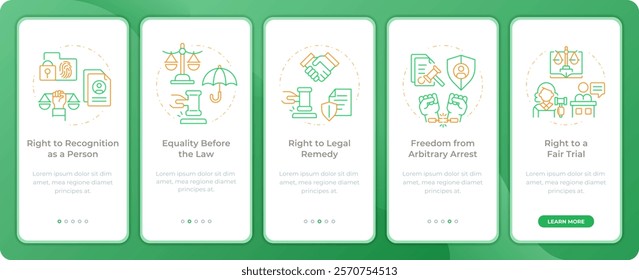 Legal rights regulation app onboarding screens. Duo tone vector illustration. UI design flow. 5 steps walkthrough mobile interface slide layout