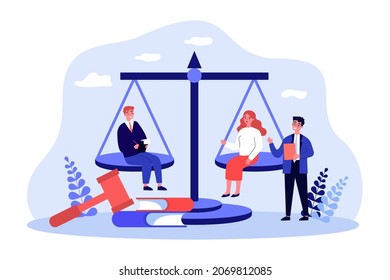 Legal scales in balance, businessman vs businesswoman. Male and female employees with equal rights flat vector illustration. Gender equality concept for banner, website design or landing web page