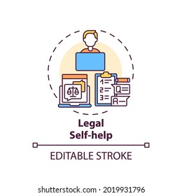 Legal Self Help Concept Icon. Legal Services Categories. Develops And Distributes Legal Self Help Materials Idea Thin Line Illustration. Vector Isolated Outline RGB Color Drawing. Editable Stroke