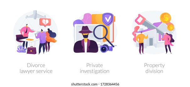 Legal service and investigation abstract concept vector illustration set. Divorce lawyer, private investigation, property division, family lawyer, detective agency, separation abstract metaphor.