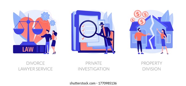 Conjunto de ilustraciones vectoriales de concepto abstracto de servicio jurídico e investigación. Abogado de divorcio, investigación privada, división de propiedad, abogado de familia, agencia de detectives, metáfora abstracta de separación.