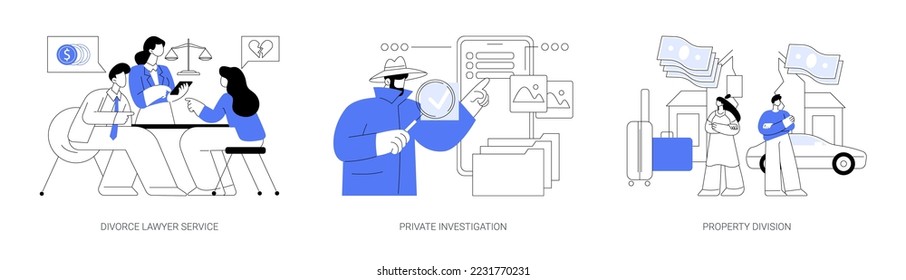 Conjunto de ilustraciones vectoriales de concepto abstracto de servicio jurídico e investigación. Abogado de divorcio, investigación privada, división de propiedad, abogado de familia, agencia de detectives, metáfora abstracta de separación.