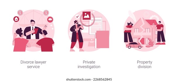 Legal service and investigation abstract concept vector illustration set. Divorce lawyer, private investigation, property division, family lawyer, detective agency, separation abstract metaphor.