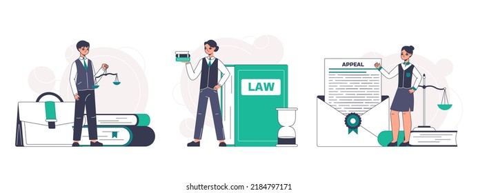 Legal service workers, law firm support and consultation concept. Law and justice research, lawyers litigation issues, lawyer, notary characters flat vector illustration set. Justice scenes