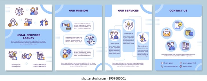 Legal services agency brochure template. Our mission. Contact us. Flyer, booklet, leaflet print, cover design with linear icons. Vector layouts for presentation, annual reports, advertisement pages