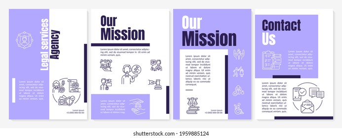 Legal services agency brochure template. Our mission. Contact us. Flyer, booklet, leaflet print, cover design with linear icons. Vector layouts for presentation, annual reports, advertisement pages