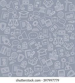Legal services, background, seamless, gray. Gray line of legal services icons on the grey background. Vector seamless background. 