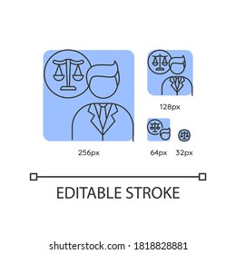 Legal services blue linear icons set. Juridical consultation, legal advice and support. Thin line customizable 256, 128, 64 and 32 px vector illustrations. Contour symbols. Editable stroke