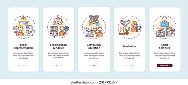 Legal services categories onboarding mobile app page screen with concepts. Legal representation walkthrough 5 steps graphic instructions. UI, UX, GUI vector template with linear color illustrations