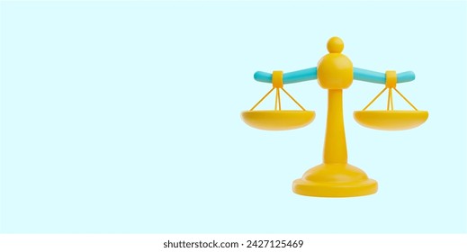 Legal services concept with 3D illustration of balanced scales of justice. Vector banner with law symbol with text space on isolated background. Legal services and justice concept.