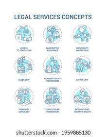 Legal services concept icons set. Access to education. Bankruptcy assistance. Civil rights granting idea thin line RGB color illustrations. Vector isolated outline drawings. Editable stroke