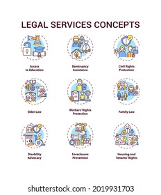 Legal services concept icons set. Access to education. Bankruptcy assistance. Civil rights protection idea thin line RGB color illustrations. Vector isolated outline drawings. Editable stroke