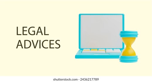 Legal services concept with a minimalist laptop and hourglass. Vector illustration for time-sensitive legal assistance, online consulting or law-related websites.