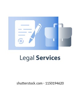Legal services, contract terms and conditions creation, signing judicial document, letter of attorney, solemn written declaration, ownership registration, paper sheet and pen symbol, vector flat icon