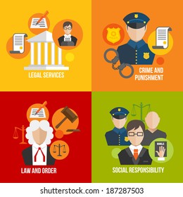 Legal services crime and punishment law and order social responsibility icons set isolated vector illustration