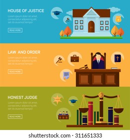 Legal services crime and punishment law and order social responsibility banners set isolated illustration