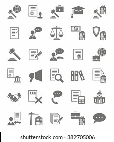 Legal services flat icons. Vector icons of legal services. Monochrome, flat icons on white background. 