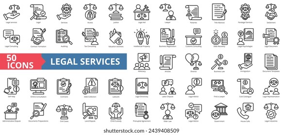 Legal services icon collection set. Containing justice, lawyer, notaries, law, immigration, advocacy, contracts icon. Simple line vector illustration.