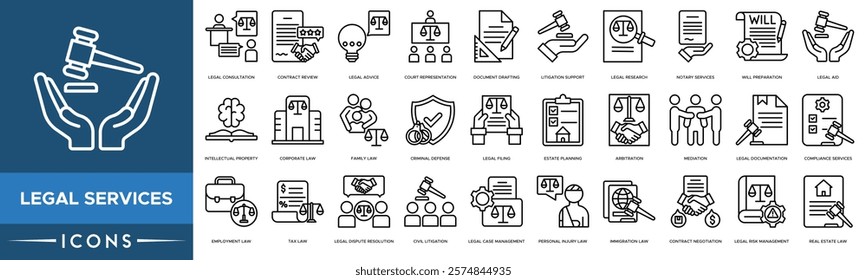 Legal Services icon. Legal Consultation,Contract Review,Legal Advice,Court Representation,Document Drafting and Litigation Support