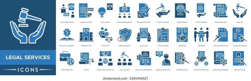 Legal Services icon. Legal Consultation,Contract Review,Legal Advice,Court Representation,Document Drafting and Litigation Support