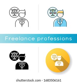 Legal services icon. Juridical problem solving, criminal and civil law cases consultation, legal advice and support. Linear black and RGB color styles. Isolated vector illustrations