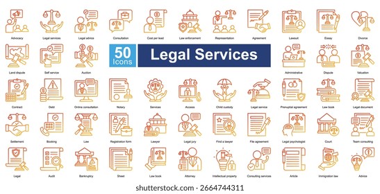 Conjunto de ícones de Serviços Jurídicos contendo 50 ícones incluindo, consulta, custo por chumbo, aplicação da lei, representação, acordo, processo judicial, ensaio, divórcio, disputa de terra, self-service, vetores simples.