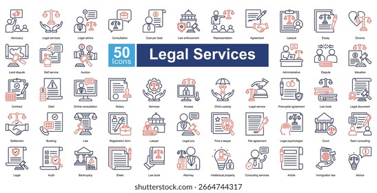 Conjunto de ícones de Serviços Jurídicos contendo 50 ícones incluindo, consulta, custo por chumbo, aplicação da lei, representação, acordo, processo judicial, ensaio, divórcio, disputa de terra, self-service, vetores simples.