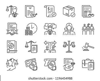 Legal services icon set. Included icons as law, lawyer, judge, court, advocacy and more.