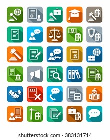 Legal services, icons, color with shadow. Vector icons of legal services. White flat icons on a colored background with a shadow. 