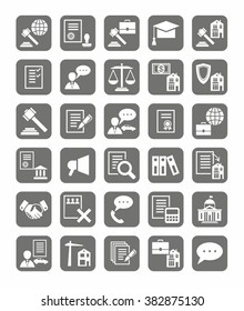 Legal services, the icons, monochrome. Vector icons of legal services. White flat icons on a gray background. 