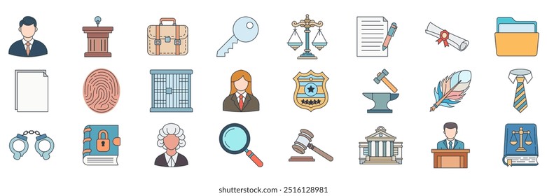 Legal Services icons set, Included icons as Cuffs, Magnifying Glass, Law Book, Judge and more symbols collection, logo isolated vector illustration