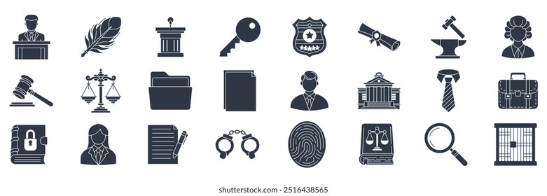 Legal Services icons set, Included icons as Cuffs, Magnifying Glass, Law Book, Judge and more symbols collection, logo isolated vector illustration
