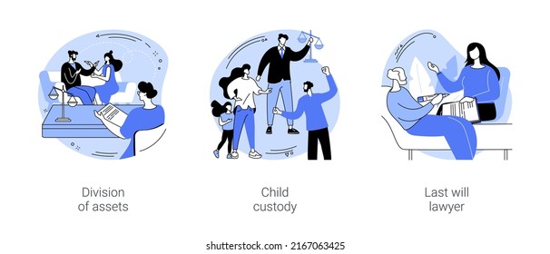 Legal services isolated cartoon vector illustrations set. Couple reaching division of assets agreement, divorce lawyer setting the terms for child custody, old man sign last will vector cartoon.