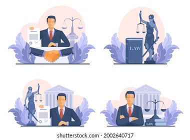 Legal services and services of a lawyer for business. Contracts and transactions, law and court. lady Justice, Themis Holding Justice Scale. Set of vector illustrations isolated on white background. svg